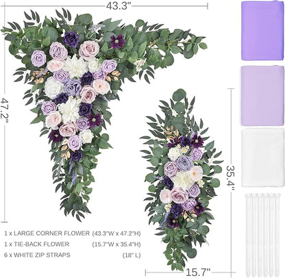 Wedding Arch Flowers Kit (Pack of 5) 2pcs Purple Artificial Floral Swag and 3pcs Draping Fabric for Wedding Flower Arch Decor Ceremony Arbor Reception and Backdrop (Lilac and White)