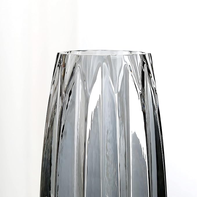 Modern Black Grey Ribbed Glass Vase for Flowers, Candles and Decorative Accents - Tall/Short Glass Vase for Centerpieces Home Table Decor(Grey H7.87in)
