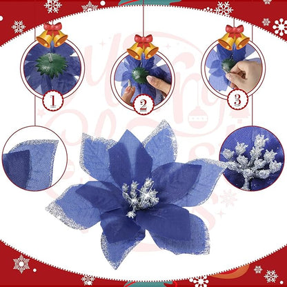 WILLBOND 24 Pcs 3 Size Poinsettia Flower Artificial Christmas Decor Glitter Poinsettia Christmas Ornaments Faux Flowers for Xmas Tree Outdoor(4/6/7.9 Inches,Navy Blue)