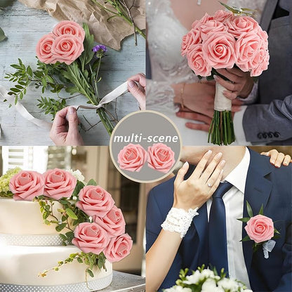 100PCS Artificial Flowers Pink Roses Real Looking Foam Fake Roses with Leaves and for DIY Wedding Bouquets Bridal Shower Centerpieces Party Decorations (Pink, 100)