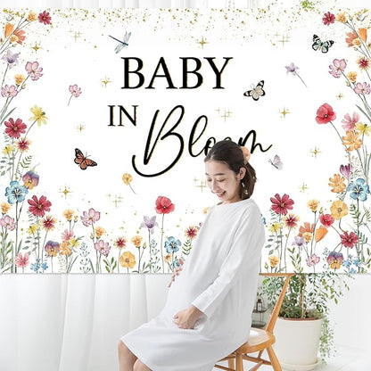Avezano Wildflower Baby in Bloom Backdrop Banner Wildflower Baby Shower Party Decorations for Girls Gold Glitter Butterfly Spring Floral Newborn Party Supplies (7x5ft)