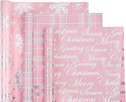 WRAPAHOLIC Christmas Wrapping Paper Roll - Mini Roll - 3 Rolls - 17 Inch X 120 Inch Per Roll - Pink with Silver Metallic Foil Snowflake, Plaid, Merry Christmas Lettering