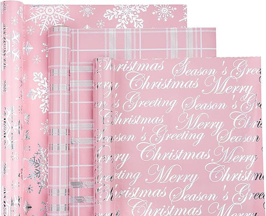 WRAPAHOLIC Christmas Wrapping Paper Roll - Mini Roll - 3 Rolls - 17 Inch X 120 Inch Per Roll - Pink with Silver Metallic Foil Snowflake, Plaid, Merry Christmas Lettering