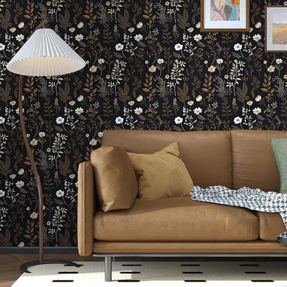 Vintage Dark Floral Wallpaper, Moody Black Leaf Botanical Removable Contact Paper for Bedroom Bathroom Drawer, Boho Floral Self Adhesive Wall Paper Brown Taupe Flower Wall Decor 17.5" x 118"