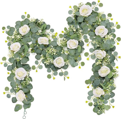 TOCHGREEN 2Pcs(13 Ft) Artificial Eucalyptus Flower Garland with White Rose Flowers,Faux Rose Vine Gypsophila Greenery for Home Party Wedding Table Decor (White, 2PCS)