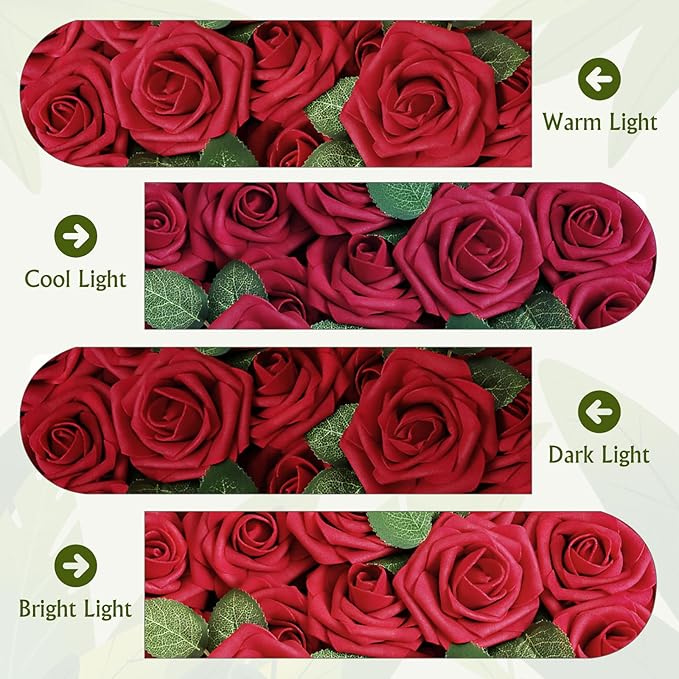 AmyHomie Artificial Flower Dark Red Rose 25pcs Real Looking Fake Roses w/Stem for DIY Wedding Bouquets Centerpieces Arrangements Party Baby Shower Valentines Day Christmas Tree Decorations