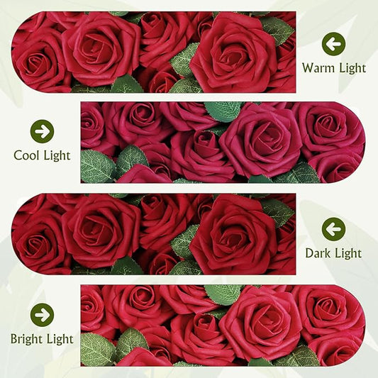 AmyHomie Artificial Flower Dark Red Rose 25pcs Real Looking Fake Roses w/Stem for DIY Wedding Bouquets Centerpieces Arrangements Party Baby Shower Valentines Day Christmas Tree Decorations