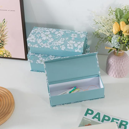 Soul & Lane Decorative Storage Boxes with Lids, Set of 3 Cardboard Boxes for Home Décor and Documents, Memory Organizers for Keepsakes with Magnetic Closure, Photo Storage, Blue Botanical