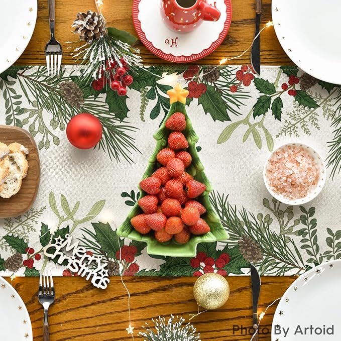 Artoid Mode Holly Pine Cone Christmas Table Runner, Seasonal Winter Kitchen Dining Table Decoration for Home Party Decor 13x60 Inch