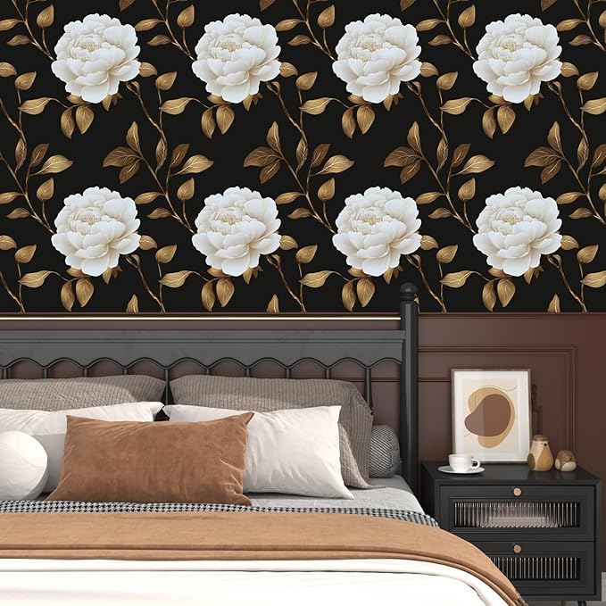 Black Golden Floral Wallpaper Peel and Stick Flowers Contact Paper 17.5in x 118in Vintage Leaf Wall paper Vinyl Waterproof Self Adhesive Dark Botanical Walls Murals for room Cabinet Table Drawer Decor