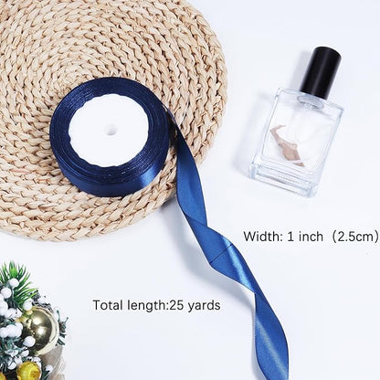Navy Blue Ribbon for Gift Wrapping, 1 inch Polyester Satin Hair Ribbon for Flower Bouquet, Weeding Decoration, Baby Shower, Crafts Bows Fabric Christmas Ribbons 25 Yards
