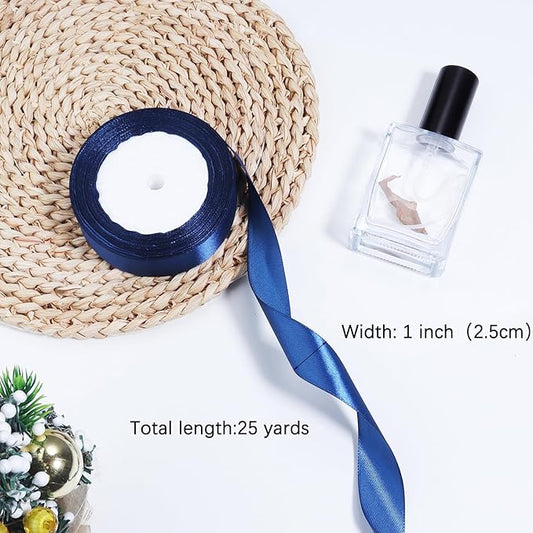 Navy Blue Ribbon for Gift Wrapping, 1 inch Polyester Satin Hair Ribbon for Flower Bouquet, Weeding Decoration, Baby Shower, Crafts Bows Fabric Christmas Ribbons 25 Yards