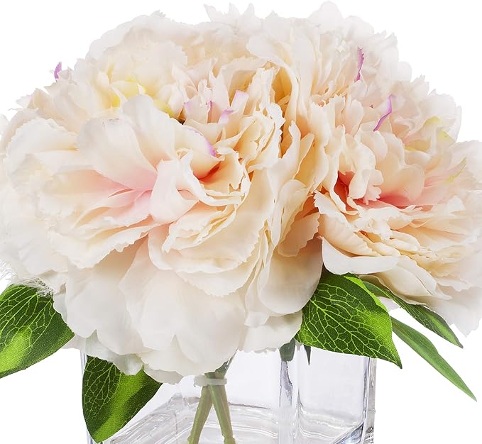 ENOVA HOME Silk Peony Flowers Arrangements in Cube Glass Vase with Faux Water for Home Table Wedding Centerpiece Decoration (Peach)