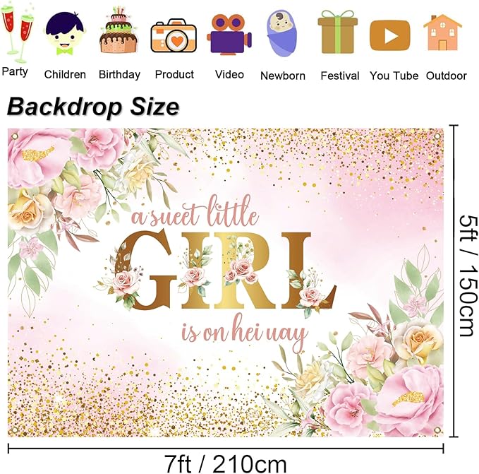 7x5ft Baby Shower Backdrop for Girl, A Sweet Little Girl is on Her Way Pink Floral Background Banner, Gold Glitter Backdrop for Newborn Party, Gender Reveal Celebration Photo Booth Decor