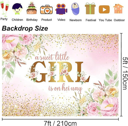 7x5ft Baby Shower Backdrop for Girl, A Sweet Little Girl is on Her Way Pink Floral Background Banner, Gold Glitter Backdrop for Newborn Party, Gender Reveal Celebration Photo Booth Decor