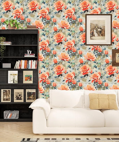 Bright Watercolor Floral Wallpaper Vibrant Flower Wall Paper Stick and Peel Colorful Orange Contact Paper for Bedroom Bedroom Cabinet Removable Renter Friendly 17.5 x 118In