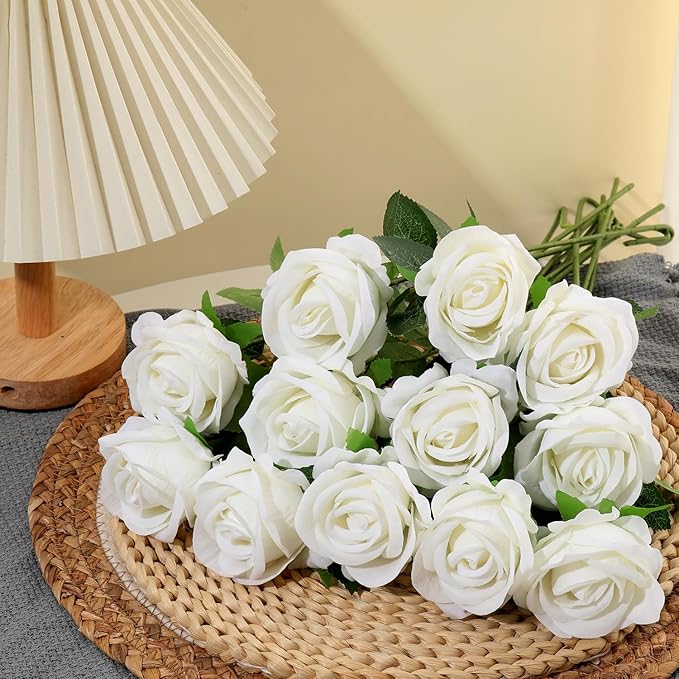 12Pcs White Roses Artificial Flowers Fake Roses Faux Velvet Silk Flower for Home Wedding Decoration (Pearl Rose, White)
