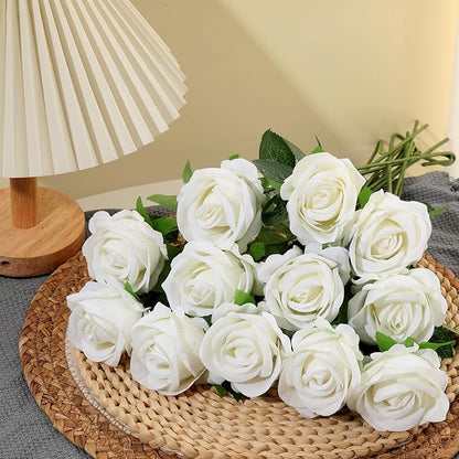50Pcs White Roses Artificial Flowers Fake Roses Faux Velvet Silk Flower for Home Wedding Decoration (Pearl Rose, White)