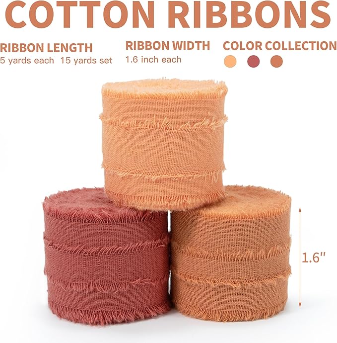 Keypan Orange Fall Ribbon 1-1/2 x 15 Yards Handmade Cotton Frayed Fringe Fabric Ribbons for Crafts Flower Bouquets Gift Wrapping Home DIY Decor