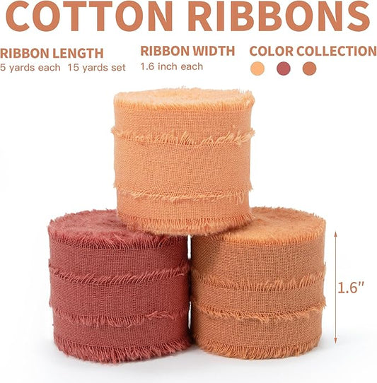 Keypan Orange Fall Ribbon 1-1/2 x 15 Yards Handmade Cotton Frayed Fringe Fabric Ribbons for Crafts Flower Bouquets Gift Wrapping Home DIY Decor