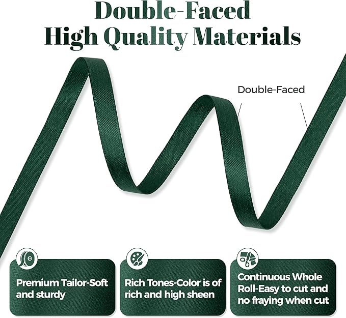 Hunter Green Satin Ribbon, Double Faced 1/4 Inch X 25 Yards Hunter Green Ribbon, Premium Satin Ribbon for Gift Wrapping, Crafts, Hair Bow Making, Sewing, Flower Bouquet, Wedding Party Decor
