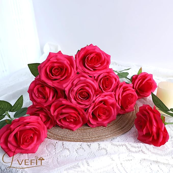 12pcs Artificial Rose Flower Hot Pink Rose Flower with Long Stem Silk Roses Bouquet for Wedding Bridal Shower Party Home Decoration