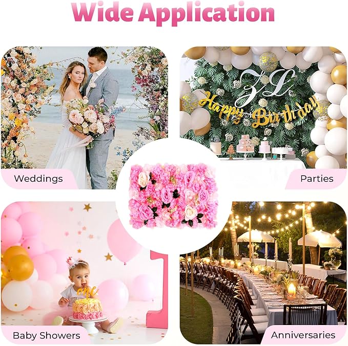 12 Pcs Artificial Flower Wall Panels, 24"x16" 3D Pink Silk Dahlia Hydrangea Rose Flowers Wall Backdrop Artificial Silk Fabric Flower Banquet Wedding Party Decor for Stage Background (Type 2)