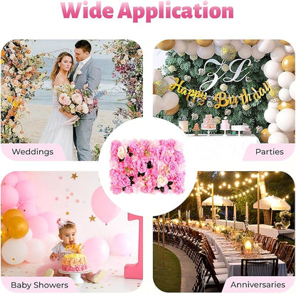 12 Pcs Artificial Flower Wall Panels, 24"x16" 3D Pink Silk Dahlia Hydrangea Rose Flowers Wall Backdrop Artificial Silk Fabric Flower Banquet Wedding Party Decor for Stage Background (Type 2)