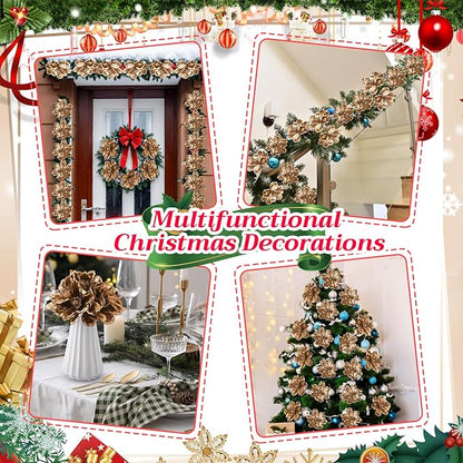 20 Pcs Christmas Glitter Poinsettia Magnolia Flowers Ornaments Large Heads Artificial Magnolia Flowers for Christmas Tree Xmas Wreath Holiday Wedding Decor(Gold)