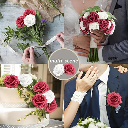 100PCS Artificial Flowers Wine red & White Roses Real Looking Foam Fake Roses with Leaves for DIY Wedding Bouquets Bridal Shower Centerpieces Party Decorations (Wine red & White, 100)