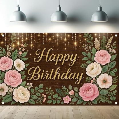 Rustic Wood Floral Birthday Backdrop Banner Pink Flower Wooden Happy Birthday Photography Background Women Girls Wedding Baby Shower Decor Party Decorations Photo Studio Props 6x4ft