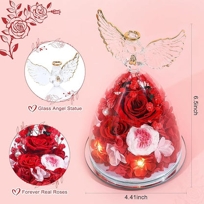 FIACO Gifts for Women Preserved Rose Forever Flower in Glass Angel Figurine Fresh Flowers for Delivery Mothers Day Birthday Gifts for Mom Grandma Wife Sister Red