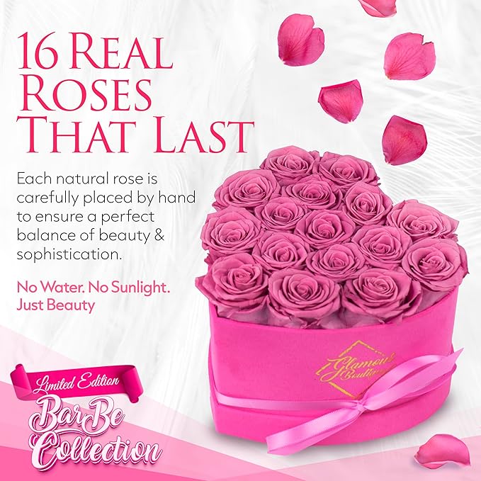 GLAMOUR BOUTIQUE 16 Flower Forever Heart Shape Box - Preserved Roses Gift for Her, Preserved Flowers, Velvet Pink
