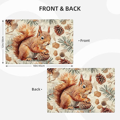 Squirrel Placemats Set of 6 Pine Cone Branch Fall Autumn Watercolor Table Mats Washable Place Mats for Home Party Indoor Kitchen Dining Table Decoration 12x18 Inch