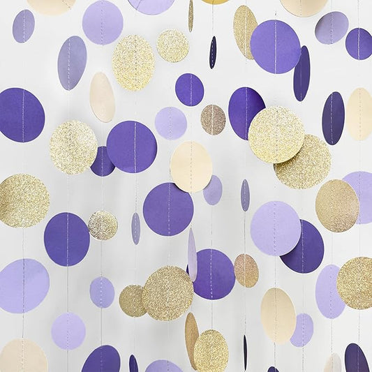 Champagne Gold Purple Cream Nude Polka Dots Garland Lavender Hanging Paper Circle Dot Streamer for Birthday Wedding Engagement Baby Shower Bridal Shower Lilac Violet Theme Party Decorations Supplies