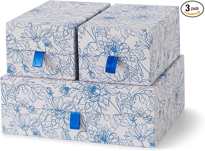 Soul & Lane Blue Floral Decorative Boxes with Hinged Lids and Blue Ribbon Pull - Sapphire Bloom, Set of 3 (One Large and Two Medium Boxes), Cardboard Storage for Photos, Documents, Keepsakes