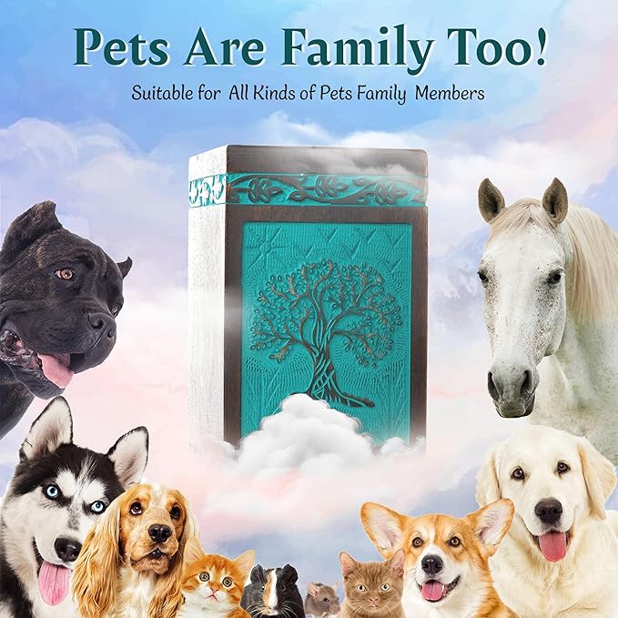INTAJ Cremation Urn for Human Ashes - Wooden Urn Box for Ashes Handcrafted - Tree of Life Memorial Urn Funeral Cremation Urns (Teal Green, X-Large (250lbs or 115kg))