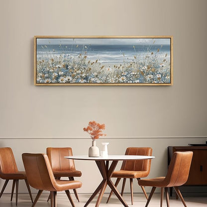SIGNFORD Large Framed Canvas Print Wall Art Coastal Wildflowers Beach Meadow Landscape in Soft Blue and Beige Tones Illustrations Modern Art Relax/Calm Warm for Living Room, Bedroom, Office - 60"x20"