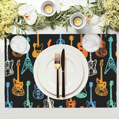 Colorful Guitar Placemats Set of 4, Placemats for Dining Table,Heat Resistant Stain Resistant Wipeable Table Mats for Kitchen Dining Holiday Party Home Decor,12x18 Inch