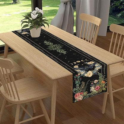 Gothic Moth Table Runner, Boho Vintage Floral Gothic Sun Moon Phase Mystical Witchy Farmhouse Coffee Table Center Decor for Home Kitchen Dining Patio Holiday Party Table Decorations 13x36 inches