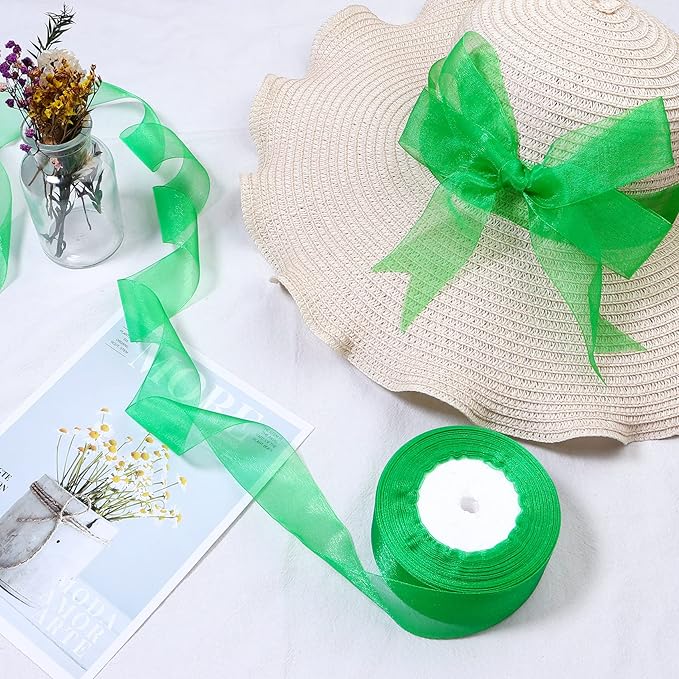1.5 inch Sheer Organza Ribbon Green Chiffon Ribbon for Gift Wrapping Christmas Halloween Decoration Wedding Flower Bouquet Crafts 50 Yards