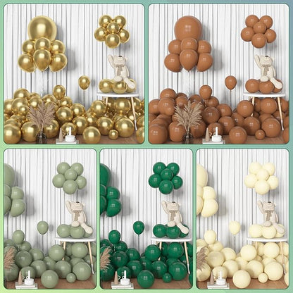 Amandir 153pcs Green Brown Balloon Garland Arch Kit, Different Sizes 18 12 10 5 inch Sage Green Ivory Gold Latex Metallic Confetti Balloon for Safari Jungle Wild One Woodland Tropical Party Decoration