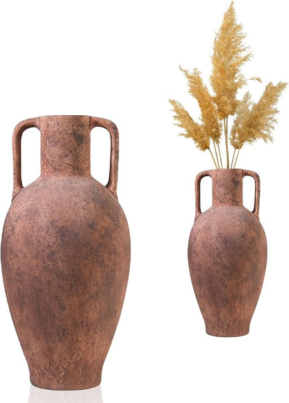 UPWOIGH 20.5in Tall Large Vintage Handles Ceramic Floor Vase, Antique Terracotta Pottery with Beige Speckles and Distressed Brown Markings, Rustic Farmhouse Living Room or Bedroom Decor, Gift 1 Pack