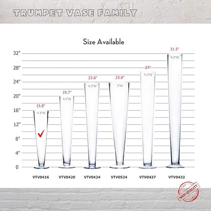 WGV Trumpet Glass Vase Bulk, Open 4", Height 16", (Multiple Sizes Choices) Clear Tall Pilsner Floral Planter Container Centerpiece, Wedding Event Home Decor, 8 Pieces (VTV0416)