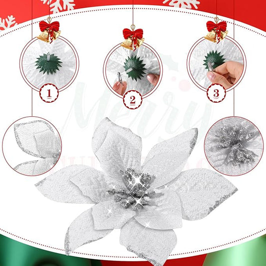 WILLBOND 24 Pcs 3 Size Poinsettia Flower Artificial Christmas Decor Glitter Poinsettia Christmas Ornaments Faux Flowers for Xmas Tree Outdoor(4/6/7.9 Inches,Silver)
