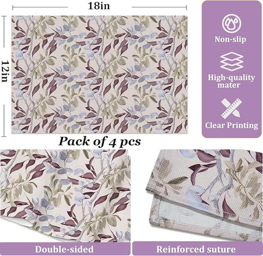 Botanical Placemats Set of 4, 12x18 in Waterproof Place Mats for Dining Table, Floral Table Mats with Mauve Gray Green Leaves and Silver Branches, Nature-Inspired Heat-Resistant Kitchen Decor