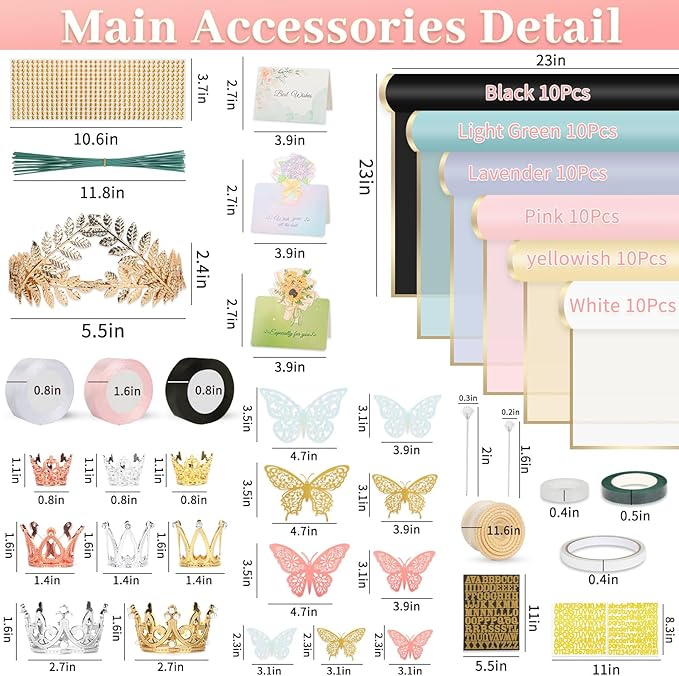 260Pcs Flower Bouquet Wrapping Paper Kit, 60 Sheets Waterproof Paper, 36 Butterflies, 8 Crowns, 1 Headband, 4 Ribbons, 15 Cards, 100 Diamond Pins, 30 Floral Wire, 3 Stickers, 3 Tapes (6 Mix Colors)