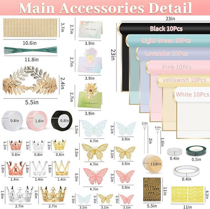 260Pcs Flower Bouquet Wrapping Paper Kit, 60 Sheets Waterproof Paper, 36 Butterflies, 8 Crowns, 1 Headband, 4 Ribbons, 15 Cards, 100 Diamond Pins, 30 Floral Wire, 3 Stickers, 3 Tapes (6 Mix Colors)