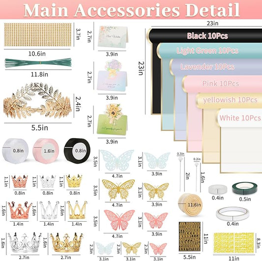 260Pcs Flower Bouquet Wrapping Paper Kit, 60 Sheets Waterproof Paper, 36 Butterflies, 8 Crowns, 1 Headband, 4 Ribbons, 15 Cards, 100 Diamond Pins, 30 Floral Wire, 3 Stickers, 3 Tapes (6 Mix Colors)