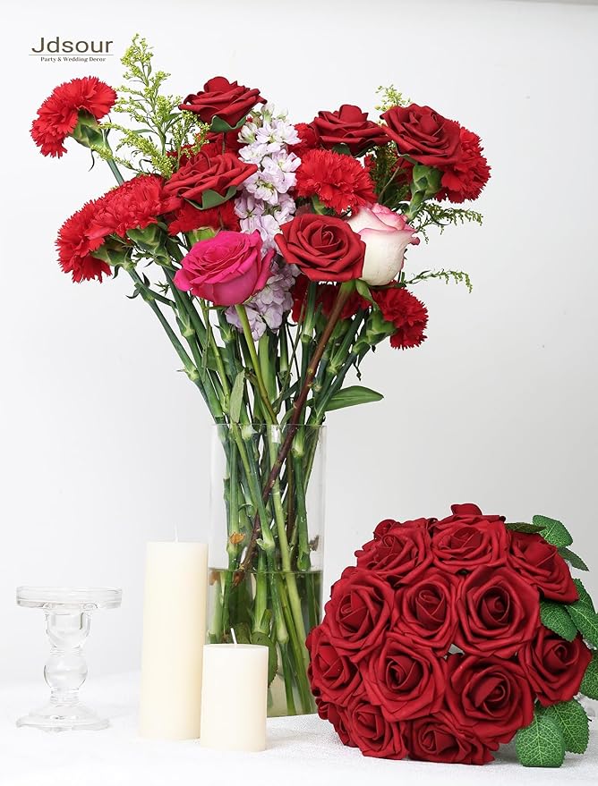 50pcs Artificial Flower，Real Touch Foam Roses w/Stem DIY for Wedding Bouquet Centerpieces Party Shower Home Decor-Dark red